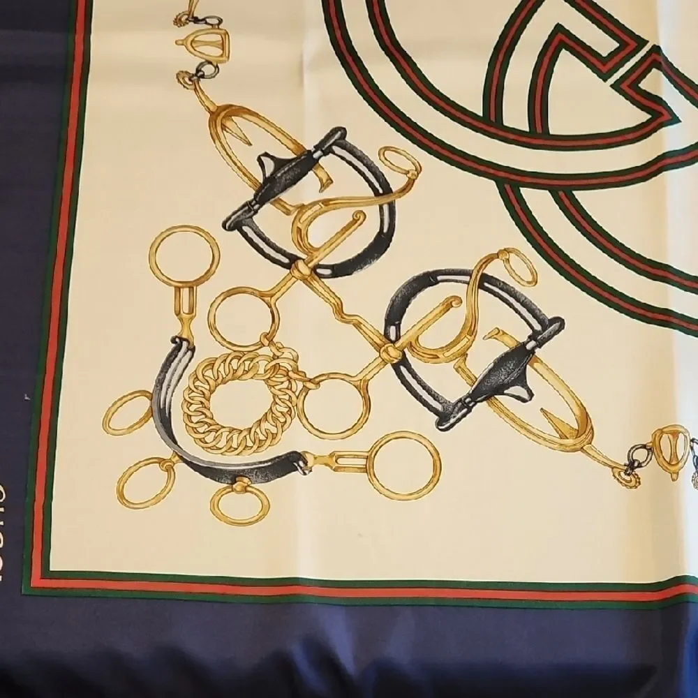 Gucci Cream and Navy Silk Scarf with Gold Details
